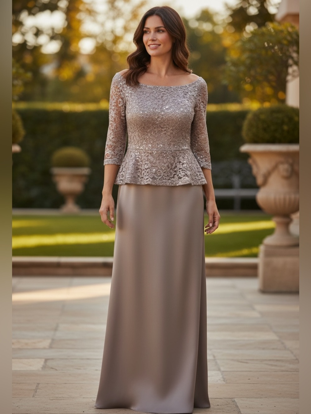 Alex Evenings Taupe Lace Peplum Maxi Gown